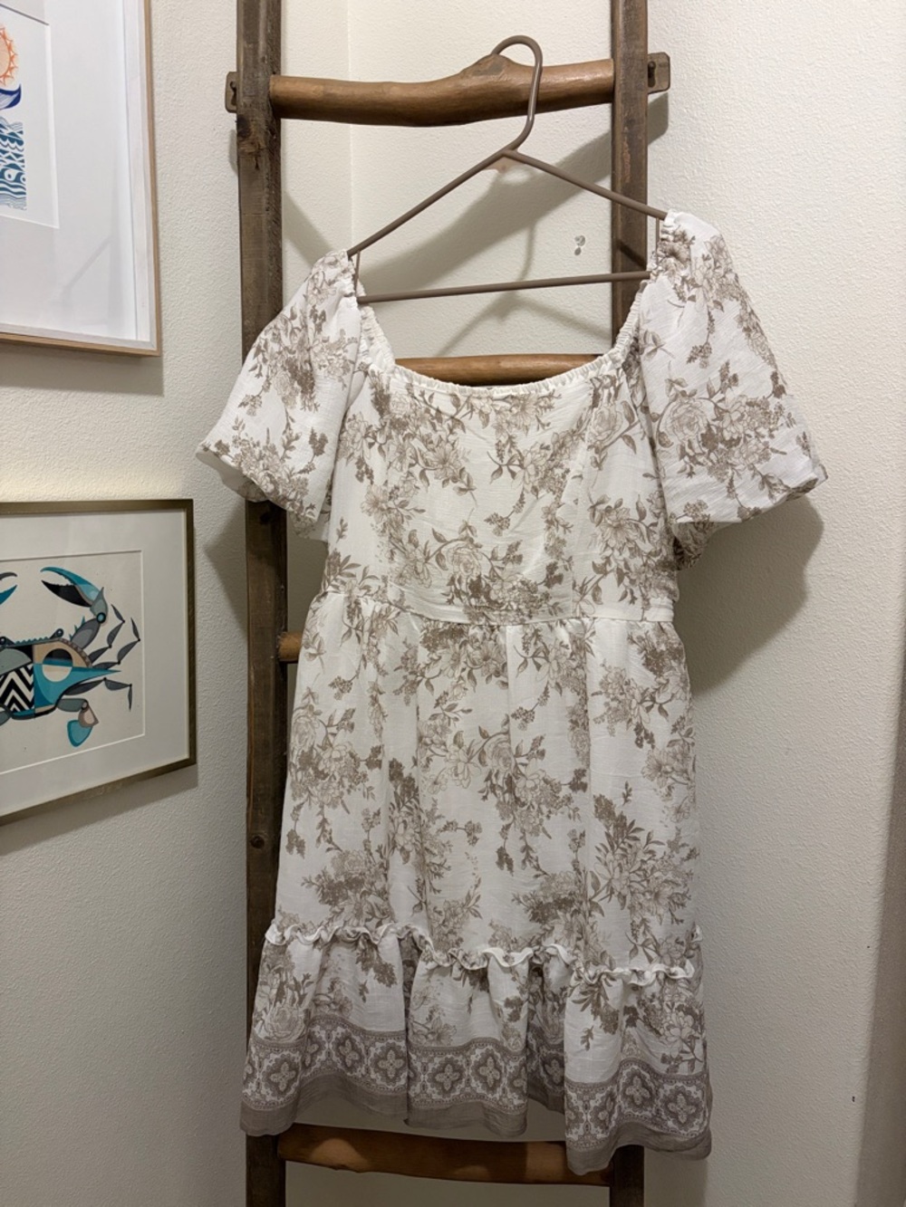 BLU PEPPER Cream Dress with Taupe Floral Print - Size Large